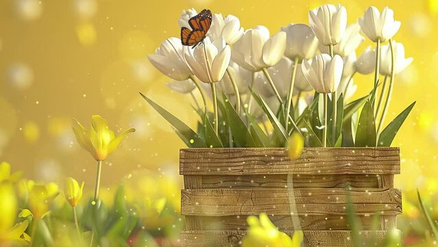 yellow background with  white flowers in wooden basket. seamless looping overlay 4k virtual video animation background