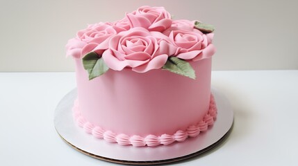 Elegant Pink Rose Fondant Cake on White Background for Celebrations