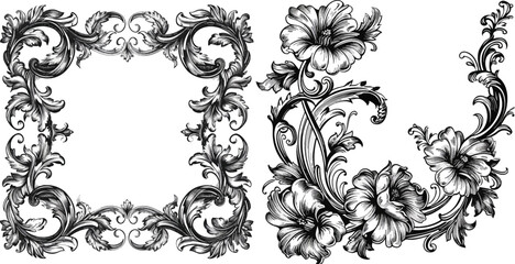 Vintage Baroque Victorian frame border floral ornament tattoo black and white Japanese filigree calligraphic vector heraldic swirl - obrazy, fototapety, plakaty