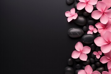 Fototapeta na wymiar Black spa stones and flowers isolated on pink background with space for text.