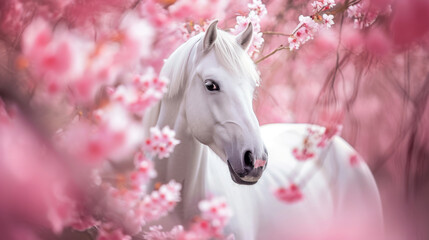 A close-up of a white horse amidst a sea of sakura blossoms, bright and soft petals