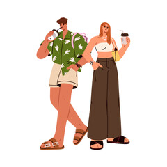 Couple in fashion summer outfit. Modern young man in shorts and woman in trendy clothes, holding takeaway cold drinks. People in stylish apparel. Flat vector illustration isolated on white background - 748534083