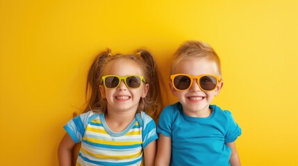 Two little girls in sunglasses on a yellow background. Happy siblings day