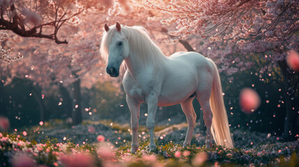 a majestic white horse standing gracefully in a vibrant spring garden, surrounded by full bloom sakura trees, petals gently falling, serene and picturesque setting