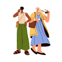 Modern young people in fashion summer outfit. Stylish man and woman wearing trendy season apparel, clothes. Biracial couple in sunglasses. Flat vector illustration isolated on white background