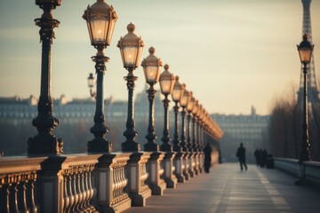 Fototapeta premium Nighttime Cityscape with Street Lamps and Bridges Reflecting on Water