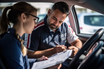 Driving school teacher about traffic rules in the first driving class The examiner sits with the student in the car. Writing points. Driving instructor's writing points.