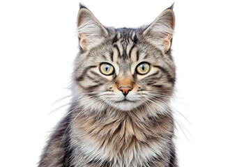 Cute fluffy portrait smile kitty Cat that looking at camera isolated on clear png background, funny moment, lovely cat, pet concept.