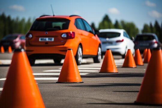 Car driving school on test track Focus on traffic cone driving school