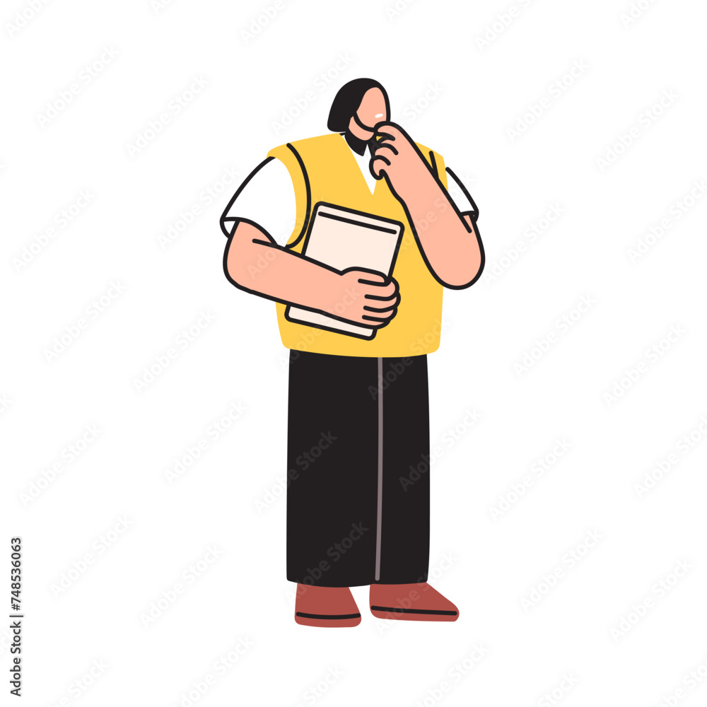 Poster thoughtful employee holding business folder. office worker thinking, standing with work papers, docu