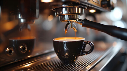 Coffee machine making black coffee or espresso close up view. generative ai 
