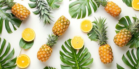 Pineapple with creative leaf pattern isolated on white background and flat lay. - obrazy, fototapety, plakaty