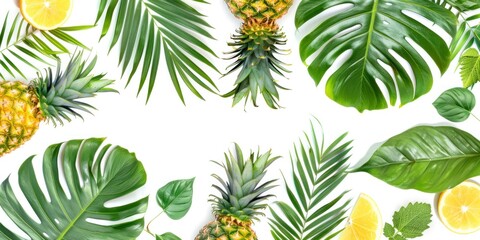 Pineapple with creative leaf pattern isolated on white background and flat lay.