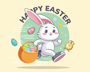 Happy Easter greeting card with cute white bunny and eggs. Vector illustration