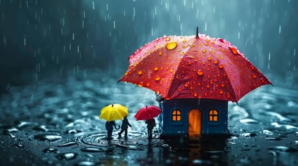Concept of home insurance. House covered with umbrella to protect it from rain and storm. - obrazy, fototapety, plakaty