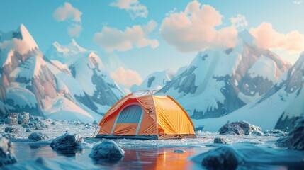 An orange tent sitting in the middle of a lake - obrazy, fototapety, plakaty