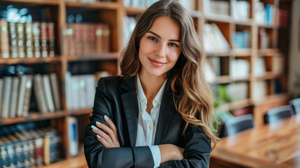 Smiling lawyer in law school or law library expresses her happiness, smiling businesswoman with his arms folded in a white shirt and black suit
