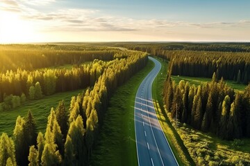 Beautiful aerial view of curving country roads with green forests and sunsets