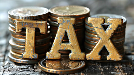 Stack of coins with TAX text on wooden background, closeup