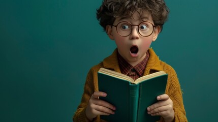 A young boy wearing glasses reading a book