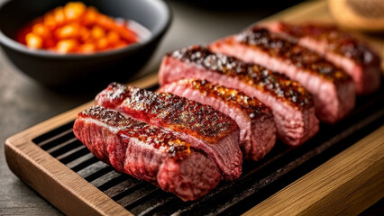 Close up of two medium rare beef steaks being grilled on a grill - obrazy, fototapety, plakaty