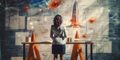 Business sketches in the office on the wall Young businesswoman standing near sketch with rocket growth concept