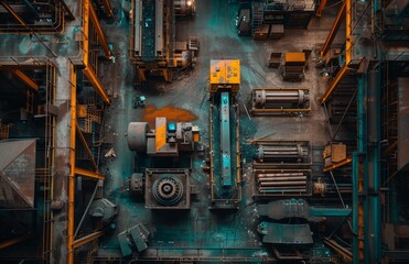 Fototapeta premium overhead shot of a modern warehouse with large machines and lights off, in the style of contrasting, recycled
