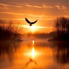 Fototapeta na wymiar Majestic Eagle Flying at Sunrise Over Serene Lake Landscape