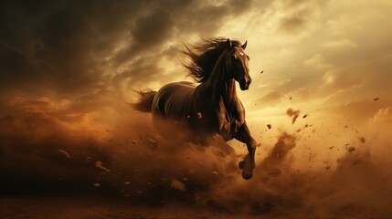 Majestic Horse Galloping in Dramatic Sunset Dust Clouds Landscape - obrazy, fototapety, plakaty