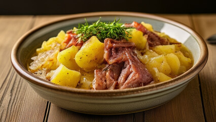 Sauerkraut with meat and potatoes in a bowl on wooden table