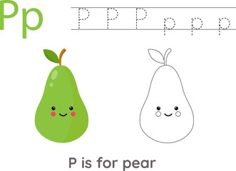 Tracing alphabet letters with cute fruits and vegetables. Color cute cartoon pear. Trace letter P.