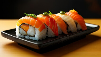 Sushi rolls with salmon, tuna, eel and caviar