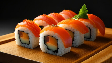 Sushi rolls with salmon, tuna, eel and caviar