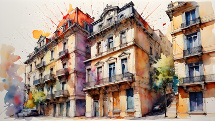 Fototapeta na wymiar Fragment of architecture painted with watercolor paints
