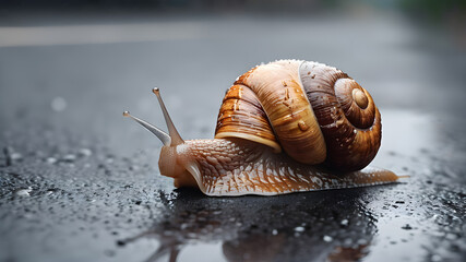 A snail crawls on wet asphalt - obrazy, fototapety, plakaty