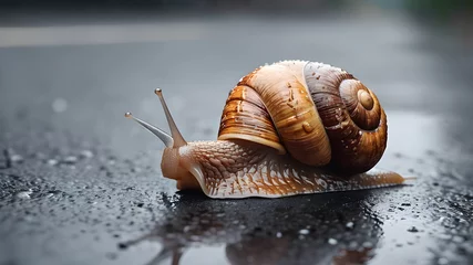 Foto op Aluminium A snail crawls on wet asphalt © Viktoriia Pletska