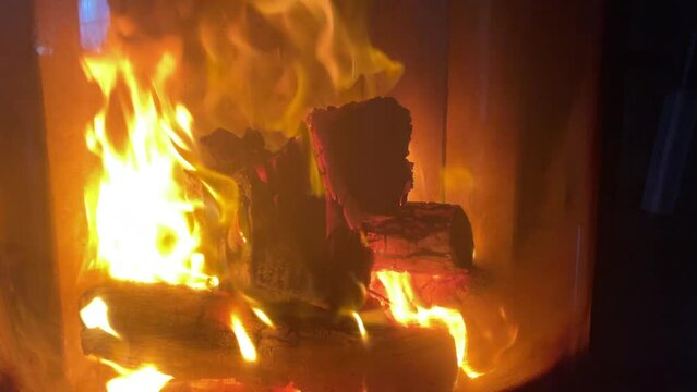fire in the fireplace in the home life, 4k
