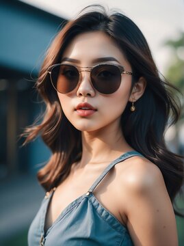 A portrait of attractive and charming young asian woman with sunglasses outdoors from Generative AI