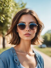 Fototapeta na wymiar A portrait of attractive and charming young french woman with sunglasses outdoors from Generative AI