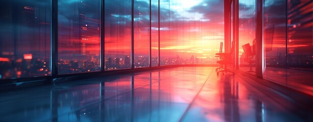 Modern office with panoramic city view, red sunset, futuristic.