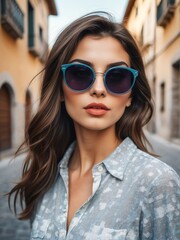 A portrait of attractive and charming young italian woman with sunglasses outdoors from Generative AI