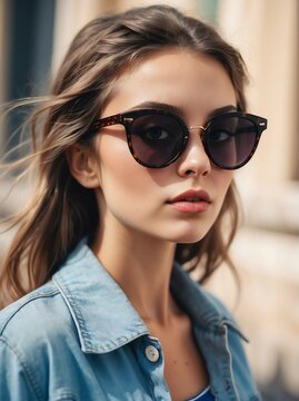 A portrait of attractive and charming young french woman with sunglasses outdoors from Generative AI