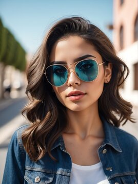 A portrait of attractive and charming young hispanic woman with sunglasses outdoors from Generative AI
