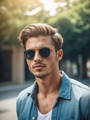 A portrait of handsome and charming young caucasian man with sunglasses outdoors from Generative AI