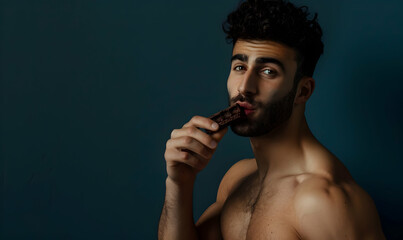 handsome shirtless man eating chocolate