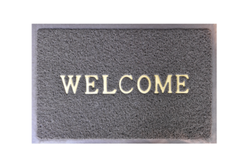 welcome message on grey curly rubber fiber door mat with purple frame isolated on transparent