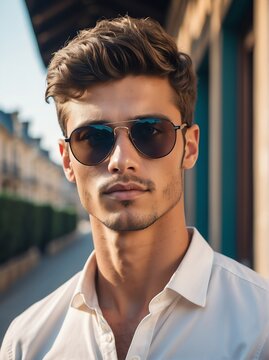 A portrait of handsome and charming young french man with sunglasses outdoors from Generative AI