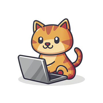  Cat Sitting Laptop Cartoon, Isolated Transparent Background Images