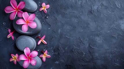 Top view frangipani plumeria flowers and hot spa stones on dark background, copy space for text.