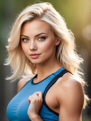 Obraz premium Attractive charming young fitness blonde model woman, female body, lifestyle portrait exercise from Generative AI